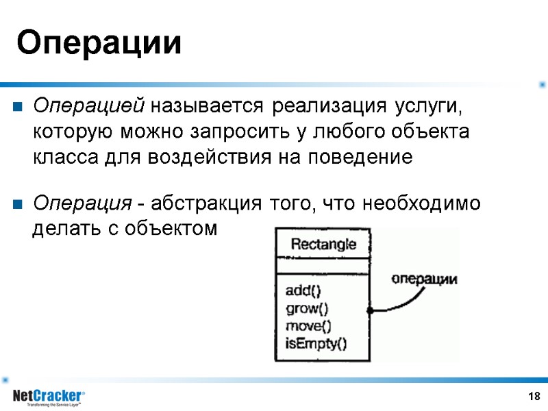 18 Операции Операцией называется реализация услуги, которую можно запросить у любого объекта класса для